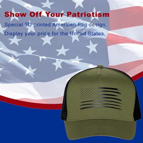 Green & Black Oversized American Flag Baseball Cap for Men & Women - Big Head Adjustable Snapback Hat - Patriotic Mesh Trucker Hat