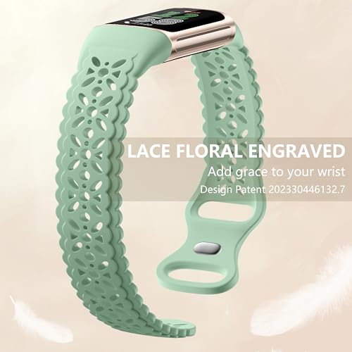Maledan Floral Lace Silicone Sport Watch Band for Fitbit Charge 5/6 - Green/Purple/Brown, 5.5-8.2 Inch Wrist