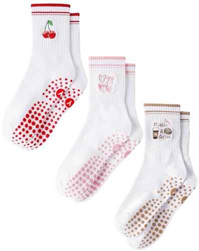 Yoga Grip Socks for Women, 3-Pack with Red, Pink & Brown Embroidered Non-Slip Socks - One Size