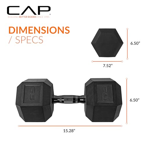 CAP 65 lb Black Rubber Coated Hex Dumbbell - Anti-Roll, Comfort Grip Handle