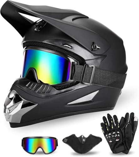 Black Medium Full Face Dirt Bike Helmet DOT Certified ATV Kit with Goggles Gloves & Mask