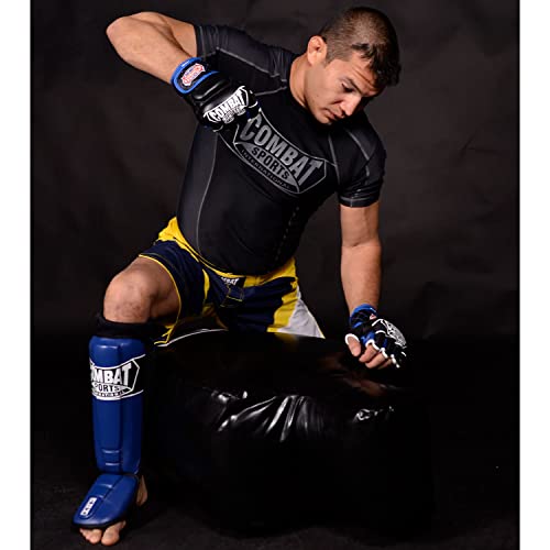Blue Pro-Style MMA Shin Guards with Leather Striking Surface - Large