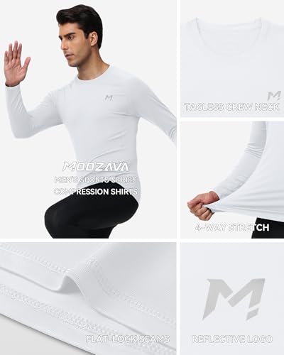 Men's Compression Shirt Long Sleeve Quick Dry Athletic Workout Gym T-Shirt SPF Running Top Base Layer - Medium White
