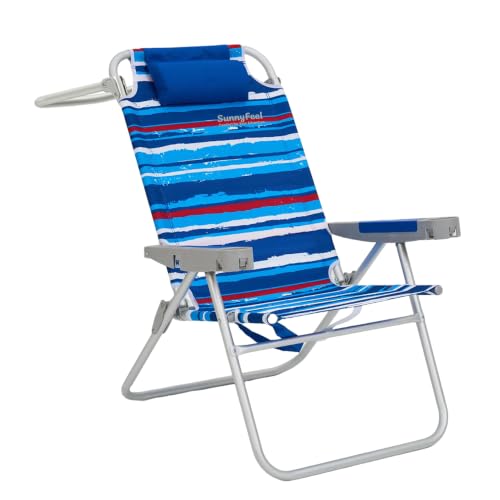 SUNNYFEEL Tall Folding Beach Chair 5-Position Recliner with Cup Holder - Blue & Red, Extra Tall