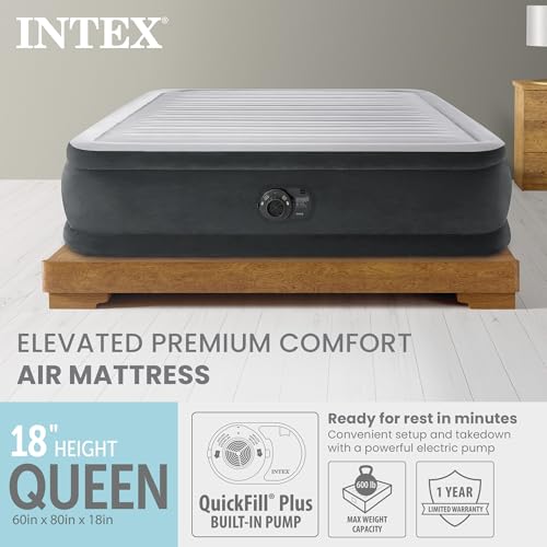 Intex Queen Size 18-Inch Dura-Beam Deluxe Air Mattress with Built-In Pump