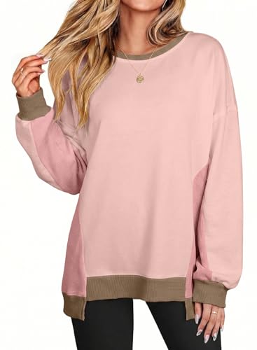 Women’s Oversized Waffle Knit Crew Neck Sweatshirt - Light Pink, Medium