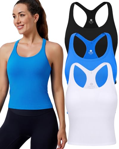 Women's Workout Tank Top with Built-In Bra Racerback Seamless Crop Top - Medium Black French Blue White 3 Pack