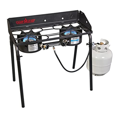 Camp Chef Explorer Two Burner Stove - 30,000 BTU Cast-Aluminum Camping Cooktop, Portable with Windshield
