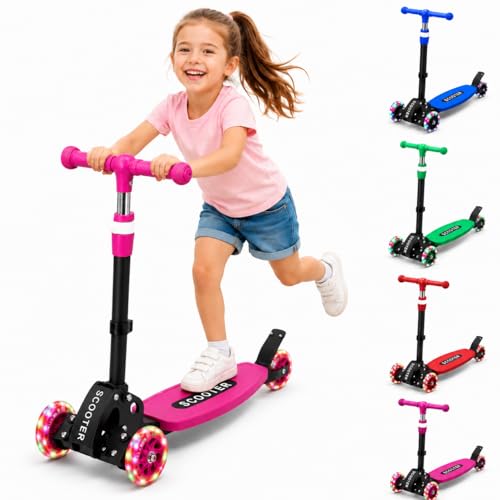 Kids Light-Up 3-Wheel Kick Scooter for Boys & Girls - Pink, Adjustable Handlebar, Foldable, Safe Ride for Ages 2-7
