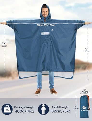 ANYOO Waterproof Hooded Rain Poncho for Adults with Zipper - Blue