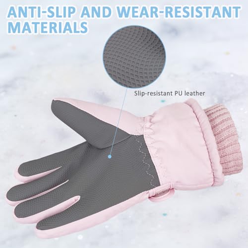 Kids Winter Gloves Waterproof Fleece Ski Snowboard Mittens Pink Medium