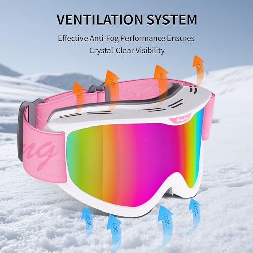 Anti-Fog Ski Goggles for Men Women Youth White Frame Pink VLT8.8% - UV Protection