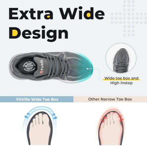 FitVille Men's Extra Wide Walking Shoes - Rebound Core, 11.5 X-Wide Charcoal Gray