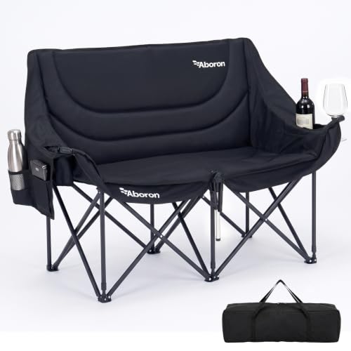Black Double Camping Chair for Adults - 2 Person Oversized Folding Loveseat