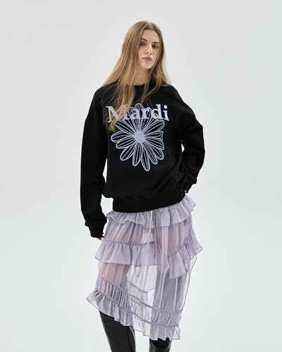 Women's FLOWERMARDI Sweatshirt Black Lightpurple One Size Cotton Crewneck