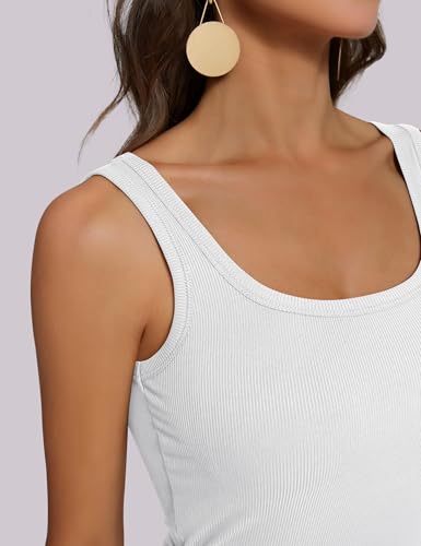 OwnTime Women's Tank Top with Built-In Bra, Square Neck, Ribbed, Fitted - Medium White