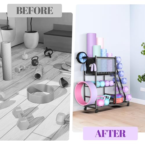 Dumbbell Rack with Yoga Mat Holder & Wheels - Home Gym Storage Organizer