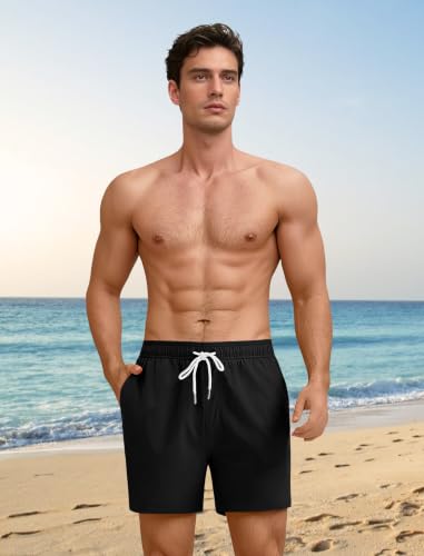 Men's 5 Inch Swim Trunks with Compression Liner - Large Black Bathing Suit