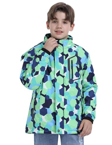 Kids Skiing Jacket for Boys 14-16 Years Hooded Winter Snowboard Coat Green Print