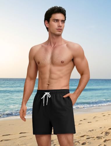 Men's 5 Inch Swim Trunks with Compression Liner - Large Black Bathing Suit