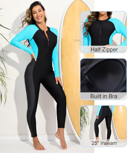 Women Zip Front Full Body Rash Guard with Built-in Bra - Light Blue, Black & Gray, Medium