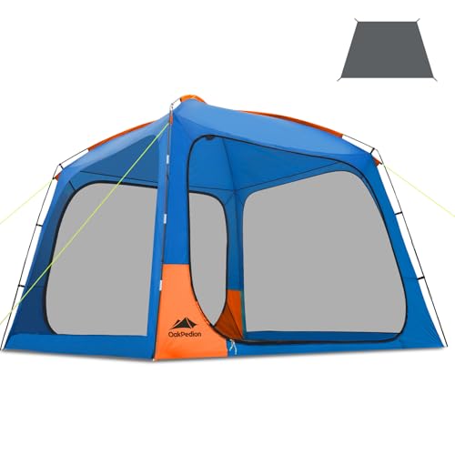 OakPedion 10x10ft Blue & Orange Screen House Tent for Camping, Outdoor Patio Shelter with Floor