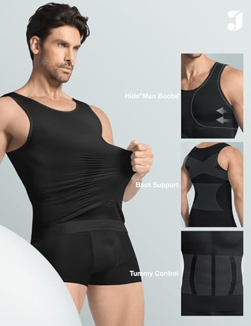 JESIDO 3 Pack Compression Shirt Men Slimming Body Shaper Tummy Control Vest Workout Tank Top Shapewear