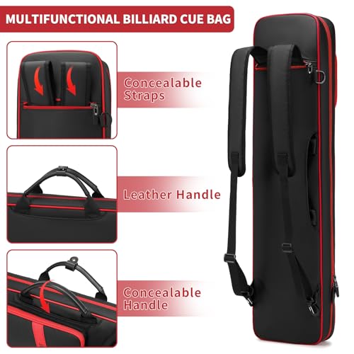 Pool Cue Case with Accessories Pockets - Red 5x5 Size, Waterproof & Padded
