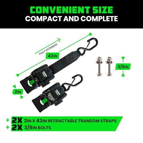 Rhino USA Retractable Boat Transom Straps Black Powder Coated 2-Pack - Freshwater Use