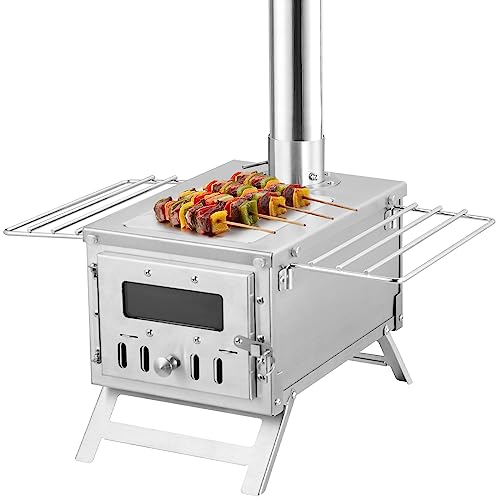 Portable Stainless Steel Camping Wood Stove 12.32x7.80x6.10in with Chimney & Gloves - 10.5L