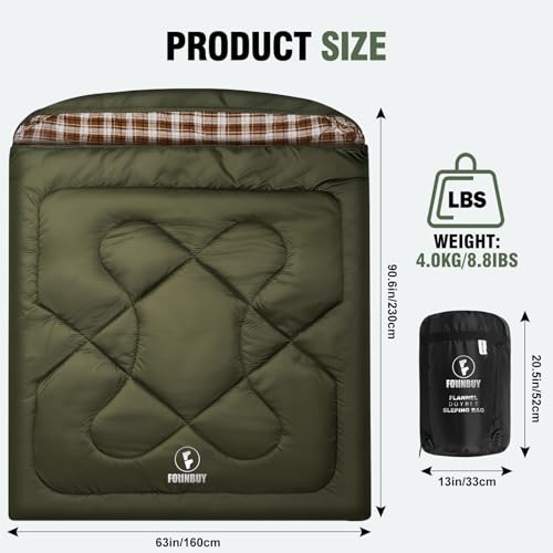 Olive Green Cotton Flannel Double Sleeping Bag for Adults & Couples - 3-Season Comfort