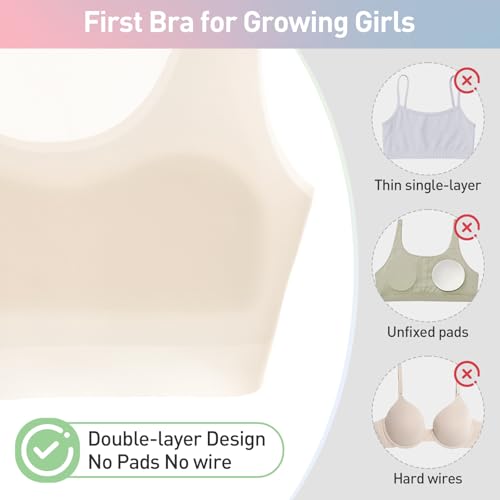 Girls Training Bras 6-12 Seamless No Pad Sports Bra Multipack - Medium, White Nude Pink Blue