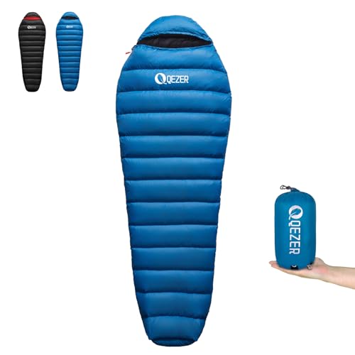 0 Degree Down Sleeping Bag for Adults - Blue-Black, 1.1 lb Down Fill, Ultralight 3-Season Camping Gear