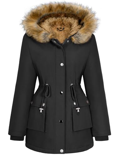 Women Winter Coat with Fleece Lining & Faux Fur Hood - Large, Black