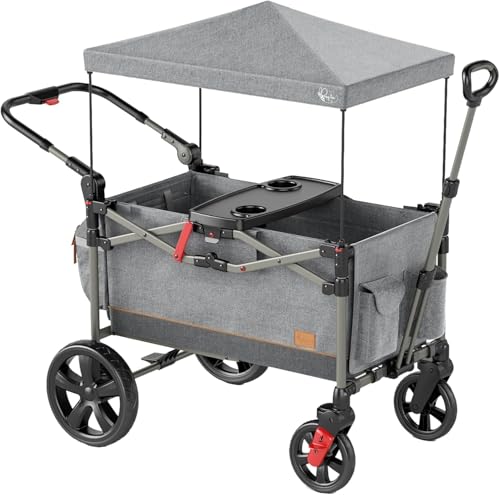 BusyBee Foldable Double Stroller Wagon for Kids, Safety Harness, Gray