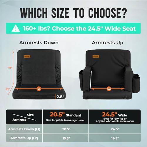Overmont Stadium Bleacher Seat with Back Support & Armrests, Black, 20.5"