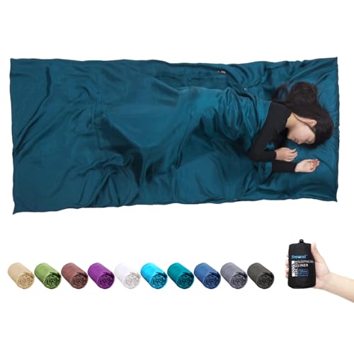 Dark Blue XL Silk Sleeping Bag Liner with Pillow Pocket - Lightweight Travel Sheet