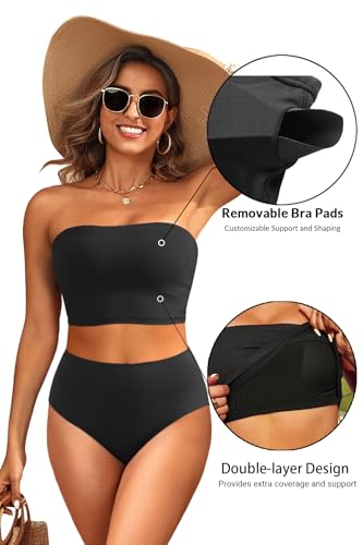 Large Black Strapless Bandeau Bikini Set - Two Piece Swimsuit