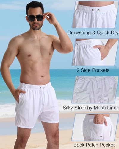 Men's Quick Dry Swim Trunks - 5 Inch Inseam, Mesh Liner, Beach Shorts, Large White