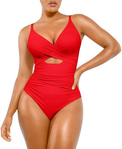 SHAPELLX Large Red Tummy Control One-Piece Swimsuit Women V-Neck Ruched Push-Up Slimming Bathing Suit with Built-in Bra