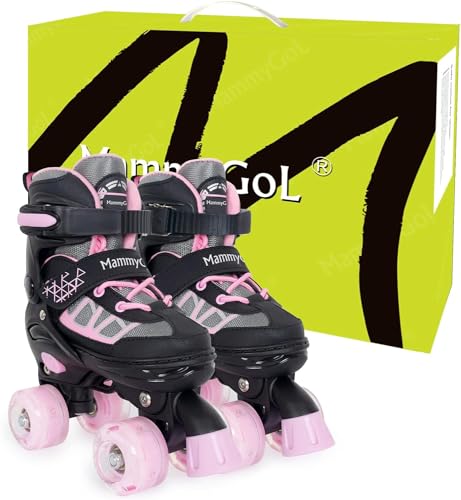 Kids Pink Adjustable Light-Up Roller Skates for Ages 6-12 - Large Youth