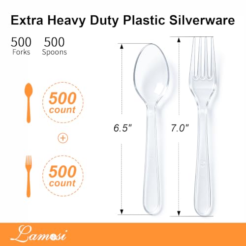 Lamosi 1000 Count Heavy Duty Clear Plastic Forks and Spoons - Food-Grade, Disposable Cutlery Set