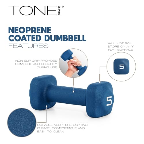 Tone Fitness 50 lb Neoprene Dumbbell Set with Storage Rack - Non-Slip, Anti-Roll Hand Weights