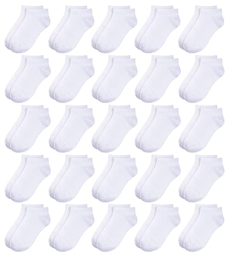 Kids Low Cut Ankle Socks 25 Pack Boys Girls Athletic Half Cushions - White 12-16 Years