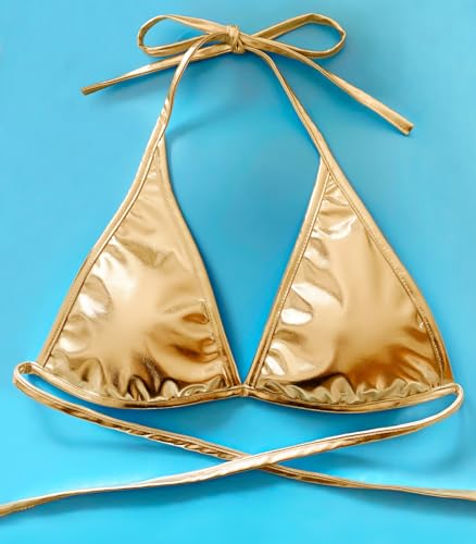 Vinaderhom Women's Metallic Bra Top Small Gold Shiny Halter Rave Bralette Bikini