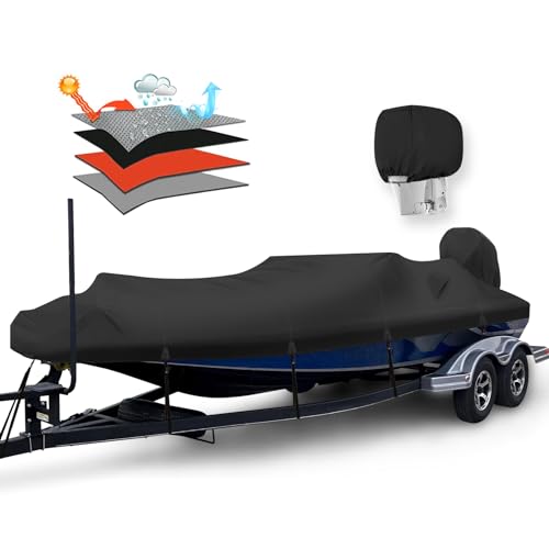 17-19FT Waterproof Boat Cover with Motor Cover - 1200D PU Trailerable, Black