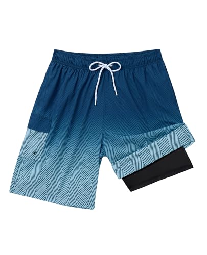 Men's 9 Inch Swim Trunks with Compression Liner - Large Blue Stripe Gradient