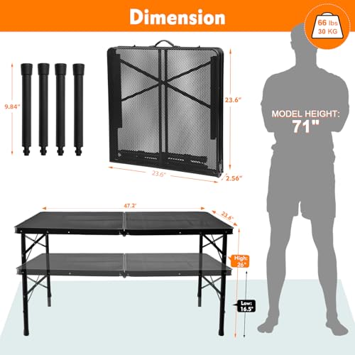 E EASTSTORM 4 Ft Black Metal Folding Table with Adjustable Heights - Portable Outdoor & Indoor Use