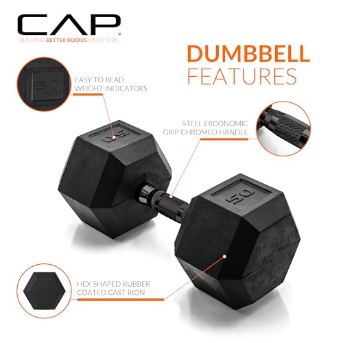 CAP 50 lb Black Rubber Coated Hex Dumbbell - Anti-Roll, Comfort Grip Handles