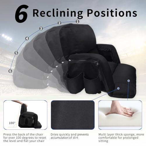 Wide Stadium Seat with Back Support - 25 Inch Foldable Chair, Black, Adjustable Recline